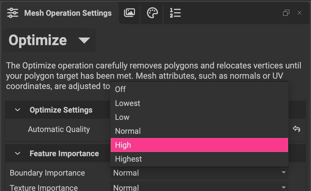 Automatic Quality dropdown menu found in the Optimize mesh operation
