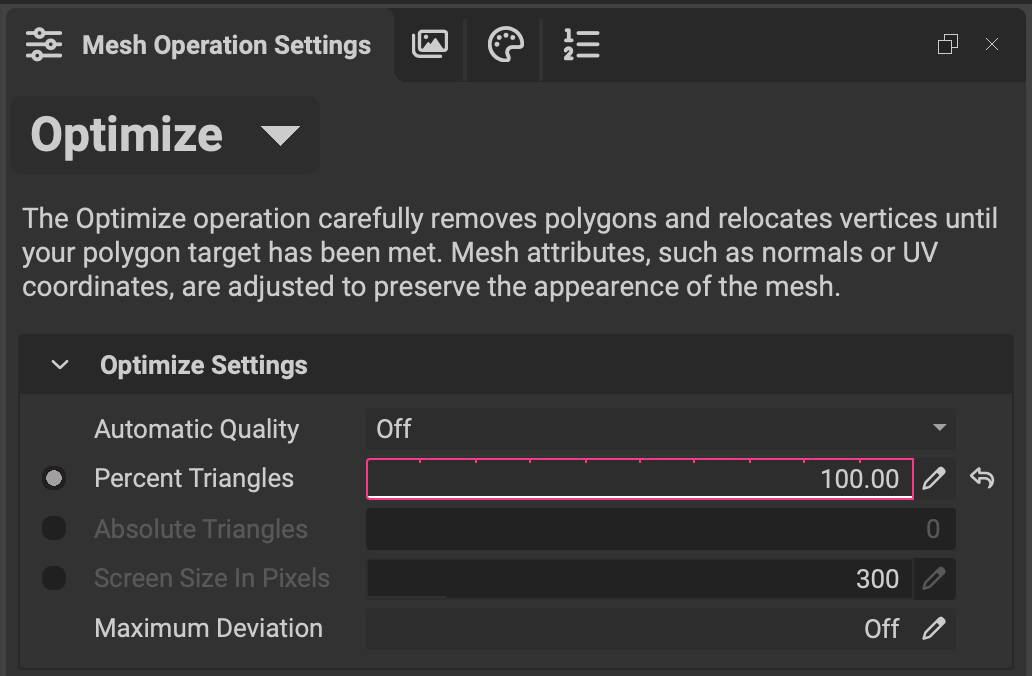 Optimize Settings with Percent Triangles set to 100%