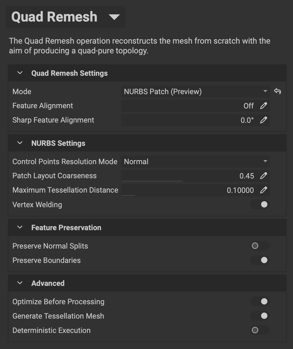 quad remesh nurbs patch preview mode settings